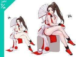 Rule 34 | 1girl, 2021, breasts, brown eyes, brown hair, crossed legs, dated, fatal fury, female focus, folding fan, hand fan, hand on leg, highleg, highres, holding, holding fan, large breasts, long hair, looking at viewer, matching hair/eyes, ninja, oni gini, pelvic curtain, ponytail, shiranui mai, sitting, smile, snk, the king of fighters