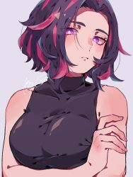 Rule 34 | 1girl, bare shoulders, boku no hero academia, breasts, collarbone, grey background, highres, k0to 04, lady nagant, large breasts, looking at viewer, multicolored hair, pink hair, purple eyes, purple hair, serious, short hair, signature, simple background, solo, tight clothes, two-tone hair