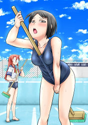 Rule 34 | 2girls, absurdres, bad id, bad pixiv id, barefoot, between breasts, black hair, breasts, broom, cloud, day, empty pool, glasses, highres, long hair, multiple girls, one-piece swimsuit, opaque glasses, original, pool, red hair, school swimsuit, school uniform, serafuku, short hair, sky, stick, sweat, swimsuit, swimsuit under clothes, tezunuri, wet