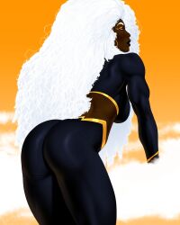 1girl absurdres ass back bodysuit cadhla182 dark-skinned_female dark_skin earrings highres huge_ass jewelry long_hair marvel solo solo_focus storm_(x-men) white_hair x-men