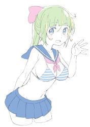 Rule 34 | 1girl, :d, absurdres, bad id, bad twitter id, bare arms, bare shoulders, bikini, blue bikini, blue eyes, blue sailor collar, blue skirt, blunt bangs, blush, bow, breasts, cleavage, cowboy shot, cropped legs, donguri suzume, green hair, hair between eyes, hair bow, hand up, highres, leaning forward, long hair, medium breasts, multicolored hair, navel, neckerchief, open mouth, pink bow, pleated skirt, red neckerchief, sailor collar, simple background, skirt, smile, solo, standing, streaked hair, striped bikini, striped clothes, swimsuit, waving, white background
