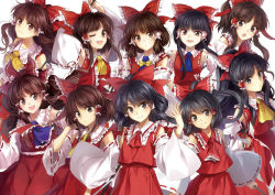 Rule 34 | 6+girls, annotated, armpits, ascot, black eyes, black hair, blue ascot, blush, bow, brown eyes, brown hair, commentary request, detached sleeves, gohei, hagiwara rin, hair bow, hair tubes, hakurei reimu, looking at viewer, multiple girls, multiple persona, one eye closed, open mouth, red ascot, red bow, ribbon-trimmed sleeves, ribbon trim, simple background, skirt, skirt set, smile, touhou, white background, wide sleeves, yellow ascot