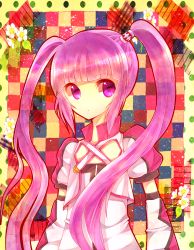 Rule 34 | 1girl, ajuvyrvosjfj, arms at sides, bad id, bad pixiv id, checkered background, coat, detached sleeves, female focus, flower, long hair, multicolored background, official alternate costume, purple eyes, purple hair, sidelocks, solo, sophie (tales), tales of (series), tales of graces, twintails