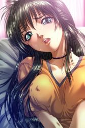 1girl blush breasts covered_erect_nipples female_focus game_cg green_eyes green_hair highres kurio_asuka large_breasts lips matching_hair/eyes nipples open_mouth sodom_no_shima:_night_of_blind solo sweat tears teeth