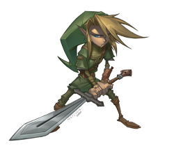 Rule 34 | 1boy, blonde hair, fighting stance, full body, holding, holding sword, holding weapon, jeff matsuda, link, looking at viewer, male focus, nintendo, pointy ears, short sleeves, simple background, solo, sword, the legend of zelda, the legend of zelda: twilight princess, tunic, weapon, white background