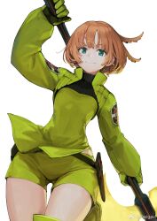 Rule 34 | 1girl, absurdres, bob cut, breasts, brown hair, closed mouth, commentary request, gloves, green eyes, highres, holding, jacket, jun (navigavi), konami kirie, long sleeves, looking at viewer, medium breasts, short hair, short shorts, shorts, simple background, smile, solo, weapon, weibo logo, weibo watermark, world trigger