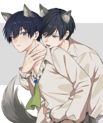 Rule 34 | 2boys, animal ears, arm around waist, bite mark, black hair, blue eyes, blue hair, blue lock, blush, commentary request, extra ears, fingernails, frills, green eyes, hand on another&#039;s neck, highres, isagi yoichi, itoshiki rin, long sleeves, looking at another, male focus, moco (1553561764583079936), multiple boys, open mouth, short hair, tail, teeth, two-tone background, upper body, wolf boy, wolf ears, wolf tail, yaoi