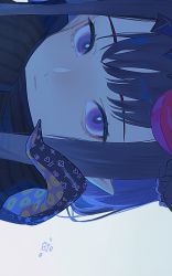 Rule 34 | 1girl, black scarf, blush, close-up, hair ornament, highres, hololive, hololive english, looking at viewer, ninomae ina&#039;nis, pointy ears, portrait, purple eyes, ryuko lee, scarf, sidelocks, sideways glance, simple background, solo, tentacles, virtual youtuber, white background