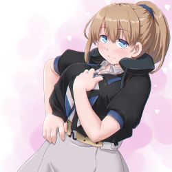 Rule 34 | 1girl, black jacket, blue eyes, blue scrunchie, blush, breasts, brown hair, brown skirt, dd (ijigendd), hair between eyes, hand on own chest, intrepid (kancolle), jacket, kantai collection, large breasts, life vest, looking at viewer, medium hair, open collar, pink background, ponytail, scrunchie, shirt, skirt, smile, solo, upper body, white background, white shirt
