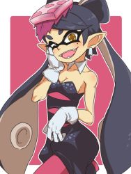 Rule 34 | + +, 1girl, ;d, bare arms, bare shoulders, black hair, black unitard, blush, bow, callie (splatoon), cowboy shot, earrings, fangs, female focus, gazacy (dai), gloves, hair bow, hand on own face, hat, highres, inkling, jewelry, long hair, looking at viewer, mini hat, mole, mole under eye, nintendo, one eye closed, open mouth, pantyhose, pink background, pink pantyhose, pointy ears, puffy shorts, short eyebrows, shorts, simple background, smile, solo, splatoon (series), splatoon 1, strapless, strapless unitard, tentacle hair, twintails, unitard, very long hair, white gloves, wink