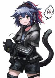 Rule 34 | 1girl, animal ears, arknights, black gloves, black jacket, black shirt, black shorts, blue hair, blush, cat ears, cat girl, cat tail, cowboy shot, gloves, green eyes, headset, highres, implied extra ears, jacket, jessica (arknights), looking at viewer, multicolored hair, open mouth, pink hair, ponytail, ruyu (txzy22), shirt, shorts, simple background, solo, speech bubble, spoken squiggle, squiggle, streaked hair, tail, tearing up, thigh strap, white background