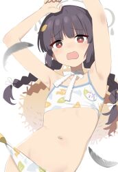 Rule 34 | 1girl, armpits, arms up, bakonchi, bikini, bird, blue archive, braid, brown hat, choker, commentary, feathers, flat chest, grey halo, halo, hat, hat on back, leaf print, looking at viewer, miyu (blue archive), miyu (swimsuit) (blue archive), navel, official alternate costume, open mouth, print bikini, red eyes, ribbon, ribbon choker, simple background, solo, straw hat, swimsuit, tears, twin braids, white background, white bikini, white choker, white ribbon