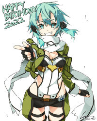 Rule 34 | 1girl, aqua eyes, aqua hair, birthday, black shorts, breasts, chaps, covered navel, cropped jacket, dated, green jacket, hair ornament, hairclip, happy birthday, highres, jacket, looking at viewer, medium breasts, parted lips, pointing, pointing at viewer, scarf, shikei, shiny skin, short hair, shorts, simple background, sinon, smile, solo, standing, sword art online, teeth, thighs, white background