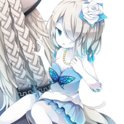Rule 34 | 1girl, bad id, bad pixiv id, beni shake, blue dress, blue eyes, breasts, bug, butterfly, cleavage, colored skin, commentary, dress, elbow pads, flower, gloves, hair flower, hair ornament, hair over one eye, bug, jewelry, mabinogi, mirror witch (mabinogi), necklace, silver hair, small breasts, solo, white gloves, white skin