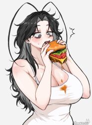 1girl black_hair burger cockroach_girl eating fang food highres mothermaru original solo tank_top white_tank_top