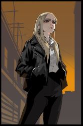 Rule 34 | 1girl, black border, black jacket, black pants, blonde hair, border, closed mouth, contrapposto, cowboy shot, earrings, gogalking, grey eyes, hands in pockets, highres, jacket, jewelry, leather, leather jacket, leonir (gogalking), long hair, looking at viewer, mouth hold, necklace, original, pants, shirt, solo, white shirt