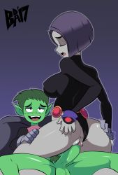 Rule 34 | 1boy, 1girl, 2017, anus, ass, ass grab, beast boy (dc), bigdead, black hair, black leotard, bottomless, breasts, clothed sex, clothing aside, colored skin, covered erect nipples, cowgirl position, dated, dc comics, closed eyes, from behind, girl on top, green skin, grey skin, hetero, highres, large breasts, leotard, leotard aside, male pubic hair, moaning, open mouth, penis, profile, pubic hair, purple hair, pussy, raven (dc), sex, short hair, simple background, straddling, teen titans, testicles, thigh grab, thighs, uncensored, vaginal