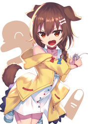 Rule 34 | 1girl, absurdres, animal ears, blue bow, blue footwear, bone hair ornament, bow, braid, brown hair, choker, collarbone, controller, dog ears, dog girl, dog tail, dress, dress bow, fangs, game controller, hair between eyes, hair ornament, highres, holding, holding controller, holding game controller, hololive, inugami korone, inugami korone (1st costume), kneeling, long hair, masaki (msk064), multicolored clothes, multicolored dress, open mouth, orange eyes, paw ornament, red bow, red choker, red wristband, shoes, short dress, simple background, solo, tail, twin braids, virtual youtuber, white background, white dress, yellow dress