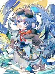 Rule 34 | 1girl, :d, arknights, astgenne (arknights), bird, black gloves, blue eyes, blush, cape, feet up, finger gun, full body, gloves, goggles, goggles on head, highres, jumping, looking at viewer, open mouth, pixelated, ponytail, receiver, red ribbon, ribbon, saucer (saucer752), shirt, shoes, skirt, smile, solo, star-shaped pupils, star (symbol), symbol-shaped pupils, white shirt, wings