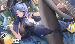 Rule 34 | 1girl, ;p, absurdres, animal ears, arm strap, azur lane, bare shoulders, black footwear, black pantyhose, blue eyes, blue hair, blue leotard, blue nails, blush, breasts, card, fake animal ears, high heels, highleg, highleg leotard, highres, jeze, large breasts, leotard, long hair, manjuu (azur lane), nail polish, new jersey (azur lane), new jersey (exhilarating steps!) (azur lane), official alternate costume, one eye closed, pantyhose, playboy bunny, playing card, poker chip, rabbit ears, smile, solo, spread legs, symbol-shaped pupils, thighs, tongue, tongue out