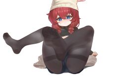 Rule 34 | 1girl, beanie, black pantyhose, black shorts, blue archive, blue eyes, blush, braid, breasts, closed mouth, dokomon, full body, hair between eyes, halo, hat, highres, long hair, maki (blue archive), maki (camp) (blue archive), no shoes, official alternate costume, pantyhose, red hair, red halo, shorts, simple background, small breasts, soles, solo, toes, twin braids, white background, white hat