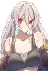 Rule 34 | 1girl, absurdres, bad id, bad twitter id, black tank top, breasts, closed mouth, collarbone, e sky rugo, girls&#039; frontline, highres, long hair, looking at viewer, medium breasts, purple eyes, silver hair, simple background, smile, solo, t-cms (girls&#039; frontline), tank top, white background