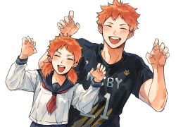 Rule 34 | 1boy, 1girl, age difference, blush, brother and sister, closed eyes, family, haikyuu!!, height difference, hinata natsu, hinata shouyou, open mouth, orange hair, school uniform, siblings, sportswear, umatchi 503, volleyball uniform, white background