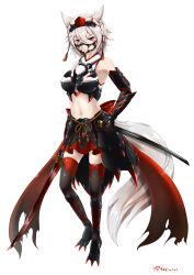 Rule 34 | &gt;:(, 1girl, absurdres, adapted costume, animal ear fluff, animal ears, armor, bare shoulders, black gloves, black skirt, black thighhighs, breasts, commentary request, crop top, elbow gloves, facial mark, faulds, full body, gloves, greaves, hair between eyes, hat, highres, holding, holding sheath, holding sword, holding weapon, inubashiri momiji, inyuppo, japanese clothes, jewelry, katana, kimono, large breasts, looking at viewer, mask, midriff, miniskirt, navel, necklace, pom pom (clothes), red eyes, scabbard, sheath, short hair, silver hair, simple background, skirt, sleeveless, sleeveless kimono, solo, stomach, sword, tassel, thighhighs, thighs, tokin hat, touhou, v-shaped eyebrows, vambraces, weapon, white background, white kimono, wolf ears, zettai ryouiki