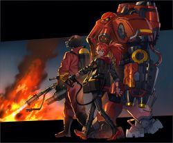 Rule 34 | absurdres, adriana rivera, armband, armor, black survival, brown eyes, fire, firebat (starcraft), flamethrower, gas mask, gas pump nozzle, grin, highres, holding, holding weapon, looking at viewer, mask, oxygen tank, pants, pipe in mouth, power armor, pyro (tf2), ratatatat74, red hair, red pyro (tf2), smile, smoking pipe, starcraft, team fortress 2, torn clothes, torn pants, trait connection, weapon