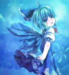 Rule 34 | 1girl, bloomers, blue background, blue dress, blue eyes, blue hair, blue theme, bow, cirno, dress, hair bow, ice, ice wings, karioda, looking at viewer, matching hair/eyes, short hair, smile, solo, touhou, underwear, white bloomers, wings