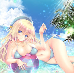 Rule 34 | 10s, 1girl, atago (kancolle), ball, beach, beachball, beret, bikini, blonde hair, blue eyes, breasts, cleavage, cloud, day, dutch angle, hat, kantai collection, large breasts, long hair, lying, ocean, on side, oreiro, outdoors, palm tree, smile, solo, starfish, swimsuit, tree, untied bikini, water
