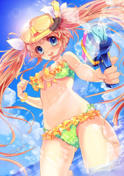 Rule 34 | 1girl, bad id, bad pixiv id, bikini, blonde hair, blue eyes, cowboy shot, day, diving mask, dutch angle, from below, goggles, highres, long hair, original, polka dot, polka dot bikini, polka dot swimsuit, snorkel, solo, swimsuit, twintails, very long hair, water gun, yu (bkks)