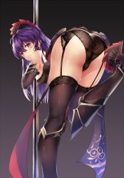 Rule 34 | 1girl, ahoge, arm belt, ass, back, bare shoulders, benghuai xueyuan, bent over, black bra, black footwear, black panties, black thighhighs, blush, bra, breasts, brown gloves, brown thighhighs, cowboy shot, elbow gloves, from behind, garter belt, garter straps, gloves, gradient background, hair between eyes, heart, heart-shaped pupils, high heels, highres, honkai (series), knee pads, lace, lace-trimmed bra, lace-trimmed legwear, lace-trimmed panties, lace trim, leaning forward, leg up, legs, long hair, looking at viewer, looking back, medium breasts, nipples, original, panties, parted lips, pole, pole dancing, purple eyes, purple hair, raiden mei, raiden mei (shadow dash), shoes, smile, solo, standing, standing on one leg, stripper pole, sweat, symbol-shaped pupils, teeth, thighhighs, thighs, underwear, zomzomzomsauce