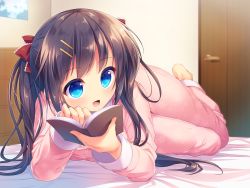 Rule 34 | 1girl, :d, barefoot, bed sheet, black hair, blue eyes, blurry, blurry background, blush, book, bow, chest of drawers, commentary request, depth of field, door, floral print, hair bow, hair ornament, hairclip, highres, holding, holding book, indoors, long hair, long sleeves, looking to the side, lying, nametakenoko, on stomach, open book, open mouth, original, pajamas, pants, pink pajamas, pink pants, pink shirt, print pajamas, print pants, print shirt, red bow, shirt, smile, solo, twintails, very long hair