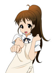 Rule 34 | 1girl, apron, brown eyes, brown hair, foreshortening, fukuoka katsumi, long hair, ponytail, punching, solo, taneshima popura, working!!