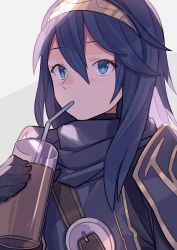 Rule 34 | 1girl, absurdres, armor, blue eyes, blue gloves, blue hair, cup, drinking straw, drinking straw in mouth, fire emblem, fire emblem awakening, glass, gloves, hair between eyes, highres, holding, holding cup, long hair, looking at viewer, lucina (fire emblem), nintendo, shoulder armor, solo, tiara, tomioka jirou, upper body