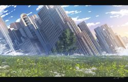 Rule 34 | artist name, blue sky, building, cloud, day, flower, fog, grass, highres, letterboxed, no humans, original, outdoors, scenery, signature, sky, skyscraper, tree, waisshu (sougyokyuu), white flower, window