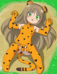 Rule 34 | 1girl, blush stickers, brown hair, cat tail, chibi, chikko (damekko doubutsu), damekko doubutsu, dress, elbow gloves, eyelashes, fang, flat chest, from above, gloves, haruyama kazunori, heart, heart print, long hair, lying, no panties, on back, short dress, solo, tail, thighhighs
