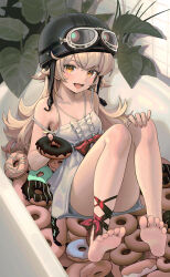 Rule 34 | 1girl, :d, absurdres, bakemonogatari, barefoot, bathtub, blonde hair, bow, breasts, constant qiu, convenient leg, doughnut, dress, dress bow, fang, feet, fingernails, food, full body, goggles, goggles on headwear, hair between eyes, hand on own knee, helmet, highres, holding, holding food, knees together feet apart, knees up, leg ribbon, legs, long hair, looking at viewer, monogatari (series), nail polish, open mouth, oshino shinobu, red bow, red ribbon, ribbon, single bare shoulder, sitting, small breasts, smile, soles, solo, strap slip, thighs, toenails, toes, white dress, yellow eyes
