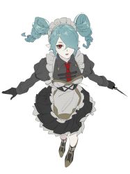 Rule 34 | 1girl, apron, black gloves, black skirt, blue hair, borrowed character, collared shirt, drill hair, first-chan (loalo), full body, gloves, grey shirt, hair over one eye, highres, holding, holding knife, juliet sleeves, knife, long sleeves, looking at viewer, medium hair, necktie, one eye covered, original, pale skin, parted lips, pointy ears, puffy sleeves, red eyes, red necktie, sankomichi, shirt, shoes, simple background, skirt, solo, twin drills, waist apron, white background, wing collar