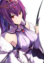 Rule 34 | 1girl, absurdres, bare shoulders, breasts, brooch, closed mouth, dress, fate/grand order, fate (series), fur trim, hair between eyes, hair ribbon, highres, index finger raised, jewelry, large breasts, long hair, looking at viewer, nanakaku, ponytail, purple dress, purple hair, purple ribbon, red eyes, ribbon, scathach (fate), scathach skadi (fate), scathach skadi (third ascension) (fate), simple background, smile, solo, tiara, wand, white background