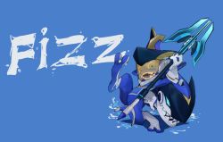 Rule 34 | 1boy, blue background, blue bodysuit, blue eyes, bodysuit, character name, fish boy, fizz (league of legends), ghostgrass, gloves, holding, holding weapon, league of legends, open mouth, polearm, shark, sharp teeth, solo, spear, teeth, tongue, visor, weapon, white gloves, yordle