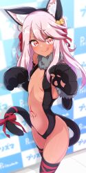 Rule 34 | 1girl, absurdres, animal ear fluff, animal ears, animal hands, bare shoulders, bell, black gloves, black leotard, black thighhighs, blush, breasts, cat ears, cat tail, center opening, chawan (yultutari), chloe von einzbern, cosplay, dark-skinned female, dark skin, elbow gloves, fake animal ears, fate/kaleid liner prisma illya, fate (series), fur collar, gloves, hair between eyes, hair ribbon, highres, illyasviel von einzbern, illyasviel von einzbern (beast style), illyasviel von einzbern (beast style) (cosplay), jingle bell, leotard, long hair, looking at viewer, navel, orange eyes, paw gloves, pink hair, ribbon, sidelocks, small breasts, smile, solo, stomach tattoo, tail, tattoo, thighhighs, thighs
