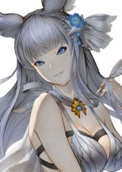 Rule 34 | 1girl, animal ears, bare shoulders, blue eyes, blunt bangs, breasts, cleavage, granblue fantasy, hair ornament, head tilt, highres, korwa, korwa (summer) (granblue fantasy), large breasts, lips, long hair, looking at viewer, parted lips, pink lips, shimashima (simasima 23), silver hair, simple background, smile, solo, upper body, white background