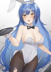 Rule 34 | 1girl, absurdres, animal ears, black gloves, black ribbon, blue hair, bow, bowtie, breasts, brown pantyhose, cleavage, cocktail glass, covered navel, cup, detached collar, drinking glass, fake animal ears, fake tail, girls&#039; frontline, gloves, gradient background, grey background, hair between eyes, half gloves, highres, holding, holding tray, large breasts, leotard, long hair, looking at viewer, neck ribbon, nerua, official alternate costume, pantyhose, playboy bunny, rabbit ears, rabbit tail, ribbon, single glove, solo, strapless, strapless leotard, tail, tar-21 (girls&#039; frontline), torn clothes, torn pantyhose, tray, waitress, wavy hair, white background, wing collar, wrist cuffs, yellow eyes