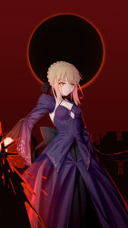 Rule 34 | 1girl, absurdres, artoria pendragon (all), artoria pendragon (fate), black bow, black skirt, blonde hair, bow, braid, braided bun, breasts, choker, cleavage, closed mouth, collarbone, detached sleeves, eclipse, er ci gudu, fate/stay night, fate (series), hair between eyes, hair bow, hair bun, highres, holding, long skirt, long sleeves, looking at viewer, medium breasts, purple sleeves, red sky, saber alter, short hair with long locks, sidelocks, skirt, skirt set, sky, solo, standing, yellow eyes