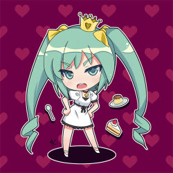 Rule 34 | 1girl, cake, chibi, crown, female focus, food, green eyes, green hair, hands on own hips, hatsune miku, kaizeru, long hair, lowres, matching hair/eyes, pastry, pudding, solo, spoon, twintails, vocaloid, world is mine (vocaloid)