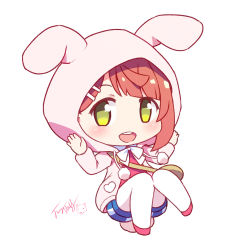 Rule 34 | 1girl, :d, animal ears, animal hood, blue shorts, bow, brown hair, chibi, collared shirt, fake animal ears, full body, green eyes, hair ornament, hairclip, hands up, hood, hood up, hooded jacket, jacket, langbazi, pantyhose under shorts, looking at viewer, love live!, love live! nijigasaki high school idol club, open clothes, open jacket, open mouth, pantyhose, puffy shorts, rabbit hood, red footwear, red shirt, shirt, shoes, short shorts, shorts, signature, simple background, smile, solo, teeth, uehara ayumu, upper teeth only, white background, white bow, white jacket, white pantyhose