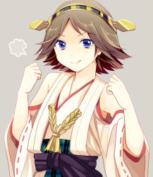 Rule 34 | 10s, 1girl, bad id, bad pixiv id, blue eyes, brown hair, hairband, hiei (kancolle), japanese clothes, kantai collection, long hair, nokuhashi, nontraditional miko, short hair, simple background, smile, solo