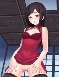 Rule 34 | 10s, 1girl, artist request, bare arms, bare shoulders, black eyes, black hair, black thighhighs, blush, breasts, censored, cleavage cutout, clothes lift, clothing cutout, cowboy shot, dress, dress lift, hanasaku iroha, indoors, legs, long hair, looking down, mosaic censoring, no panties, parted lips, pussy, red dress, shouji, sleeveless, sliding doors, small breasts, solo, standing, tears, thighhighs, thighs, tsurugi minko, wooden ceiling